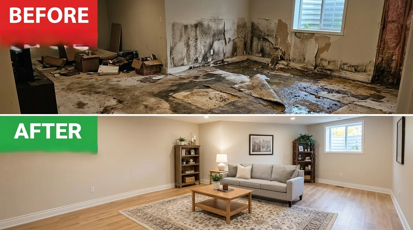 Before and After Water Damage Restoration - Basement Flood Repair by Olas Fort Plumbing in Fort Lauderdale FL