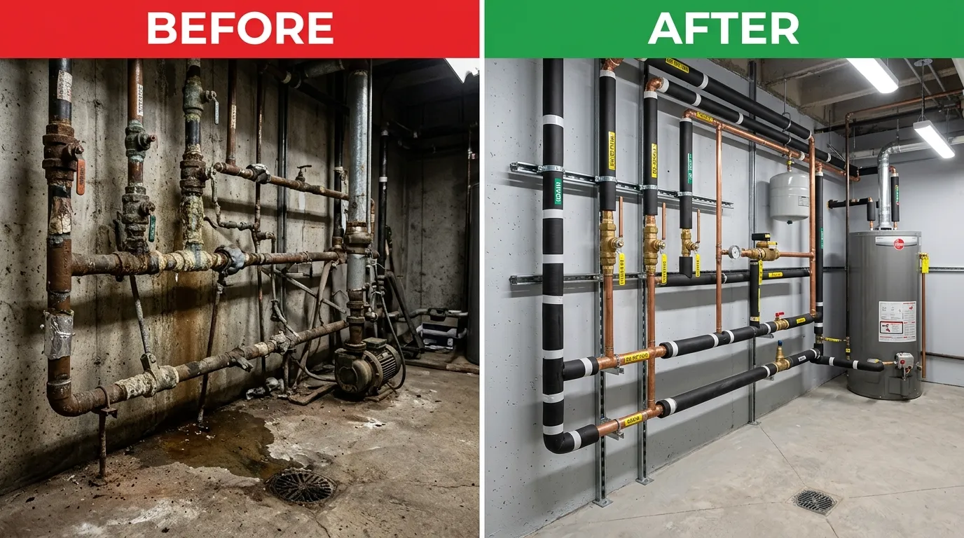 Commercial Pipe Replacement and Plumbing Upgrade Before and After by Olas Fort Plumbing in Fort Lauderdale FL
