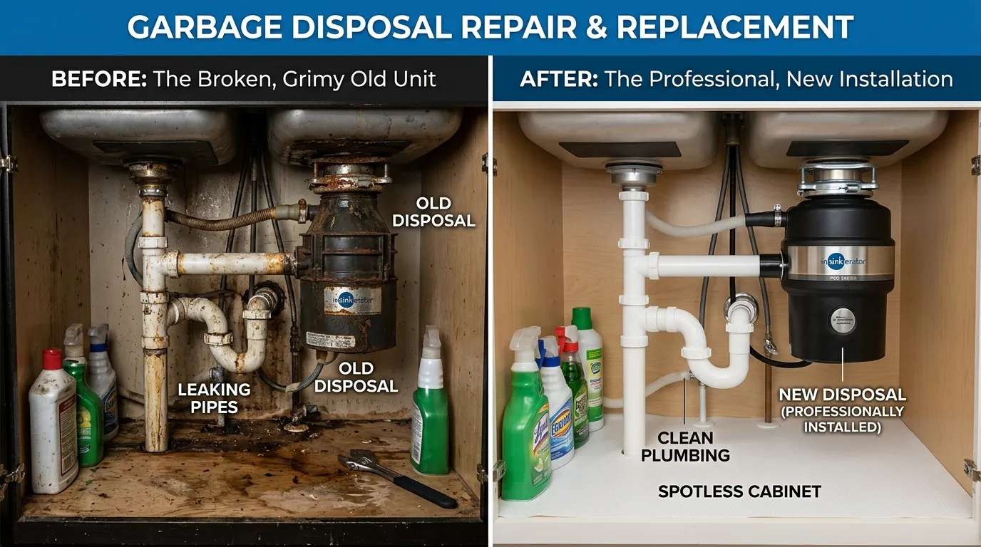 Garbage Disposal Repair and Replacement Before and After - Olas Fort Plumbing Fort Lauderdale FL