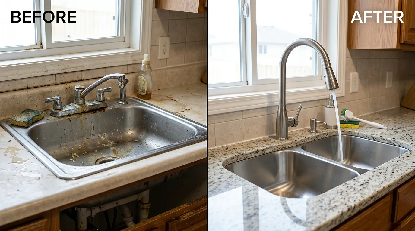 Kitchen Sink and Faucet Replacement Before and After - Olas Fort Plumbing Fort Lauderdale FL