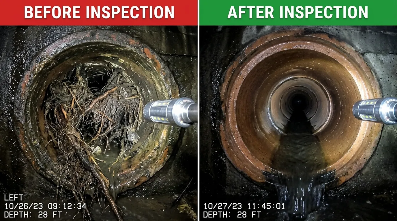 Sewer Camera Inspection and Drain Cleaning Services Before and After - Olas Fort Plumbing Fort Lauderdale FL