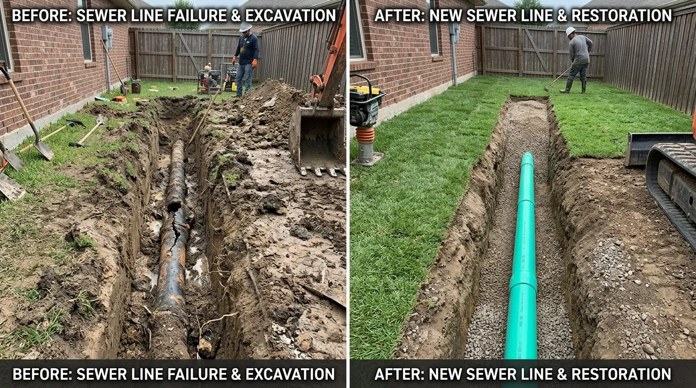 Sewer Line Replacement, Excavation & Restoration Before and After - Olas Fort Plumbing Fort Lauderdale FL