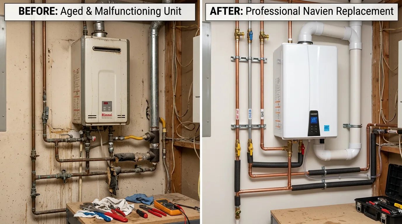 Tankless Water Heater Replacement Navien Installation Services Before and After - Olas Fort Plumbing Fort Lauderdale FL