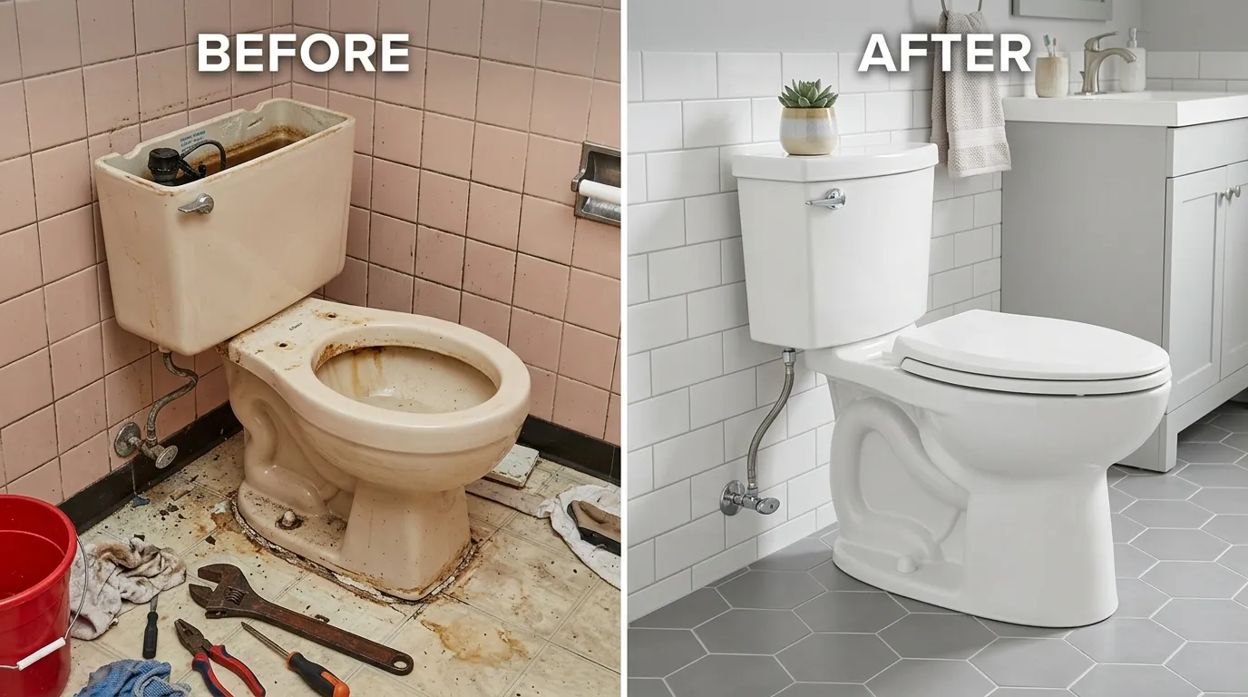 Before and after toilet replacement and bathroom upgrade by Olas Fort Plumbing in Fort Lauderdale FL